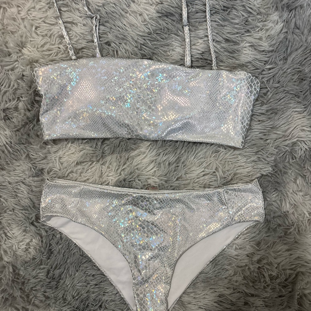 Silver Iridescent Snakeskin Bikini Set - Women's Swim Top & Bottom